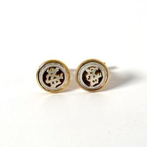 Vintage Mother of Pearl Gold Round Cufflinks | Classic Mid-Century Elegance